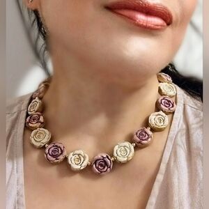 Stunning Handpainted Dried Red & White Roses On Clay In Rustic Artisan Necklace